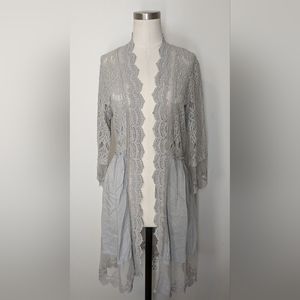 BKE Boutique Long Lace Knit Gray Open Cardigan Medium